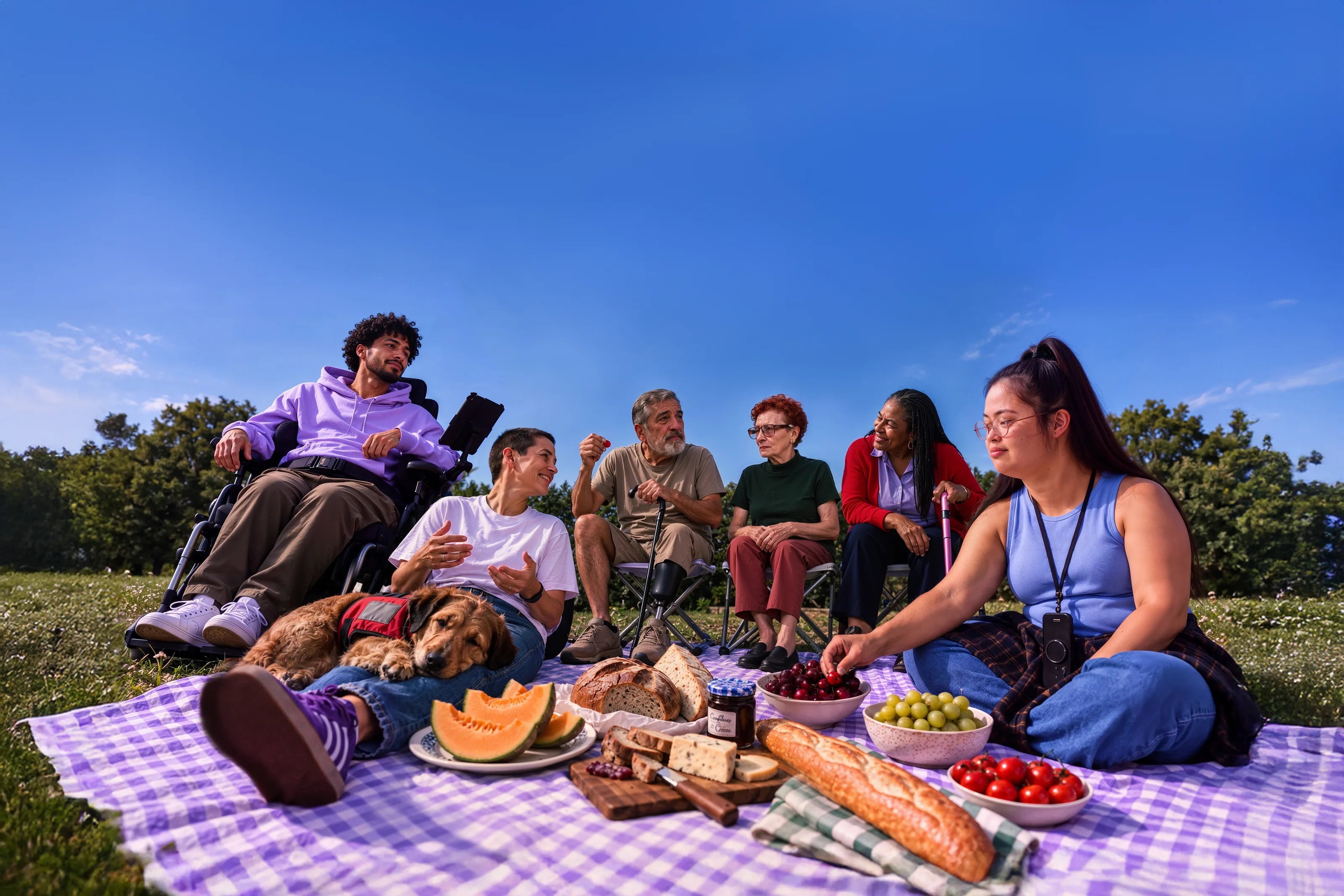 Sechs Menschen picknicken auf einer Wiese unter blauem Himmel, ein Hund liegt dazwischen.