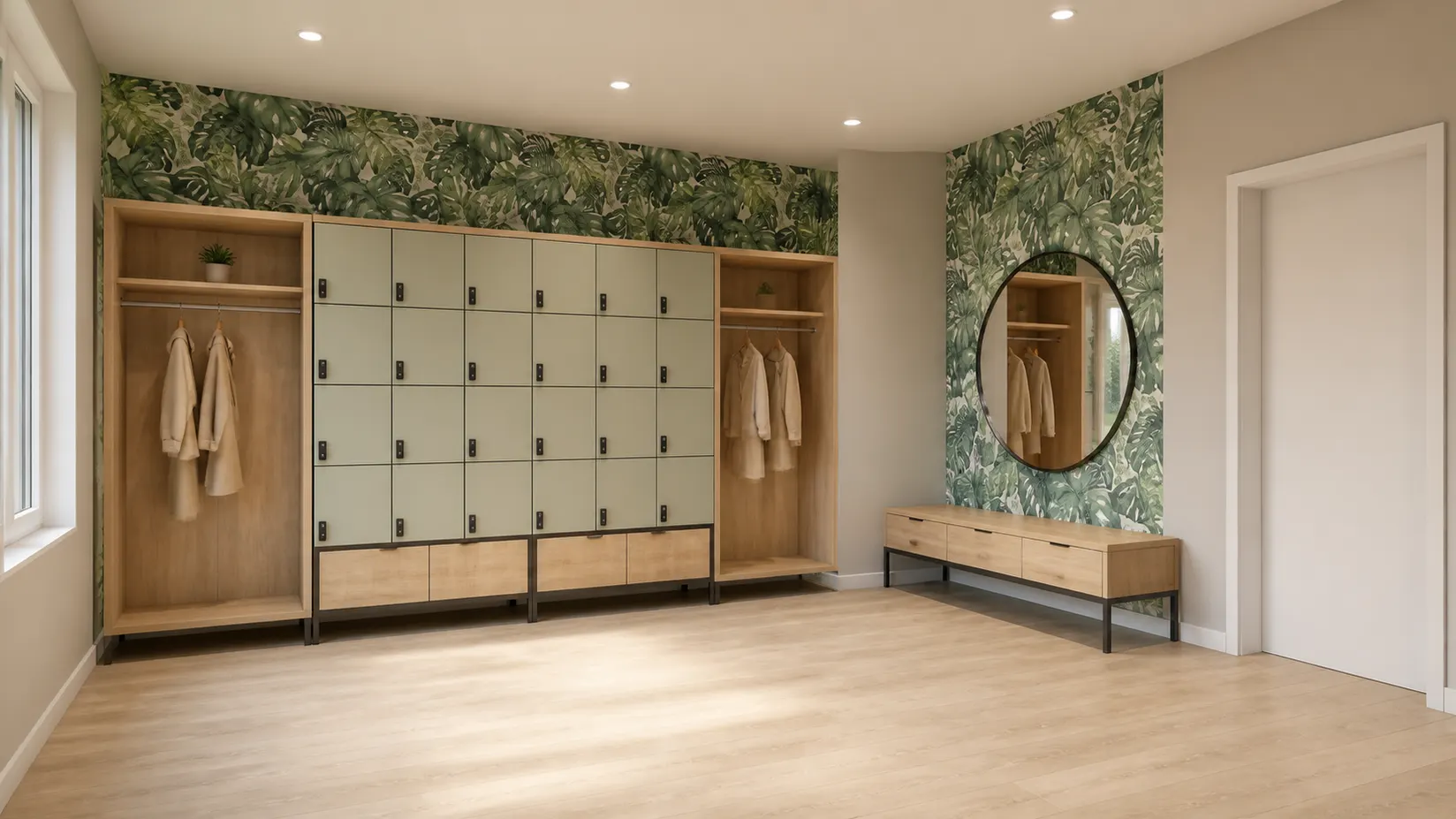 Visualisierung der Garderobe mit Spindwand, Haken, Sitzbank und Spiegel.