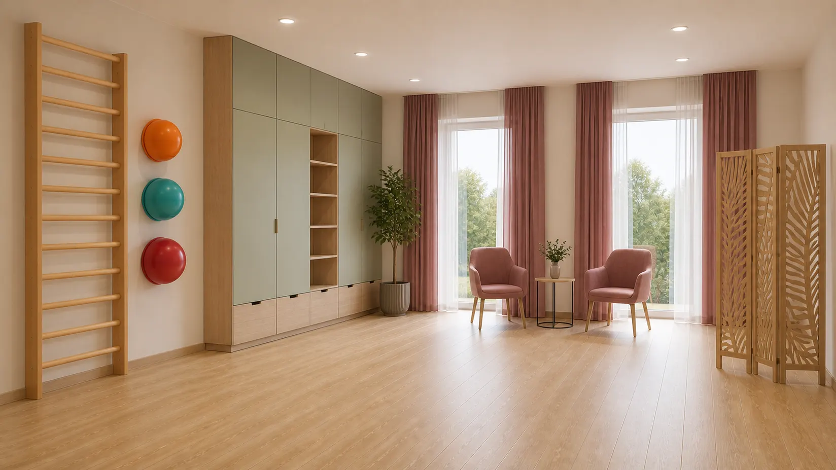 Visualisierung des Therapieraums mit Sprossenwand, Therapiebällen und Sessel.